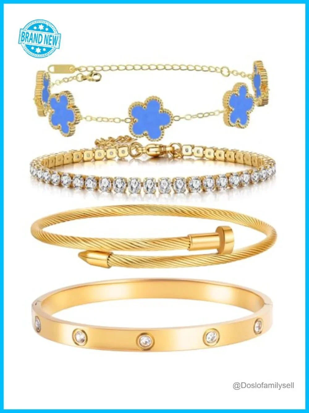 Gold Plated 4-Piece Stackable Bracelet Set, Twisted Cable Bangle, Rhinestone
